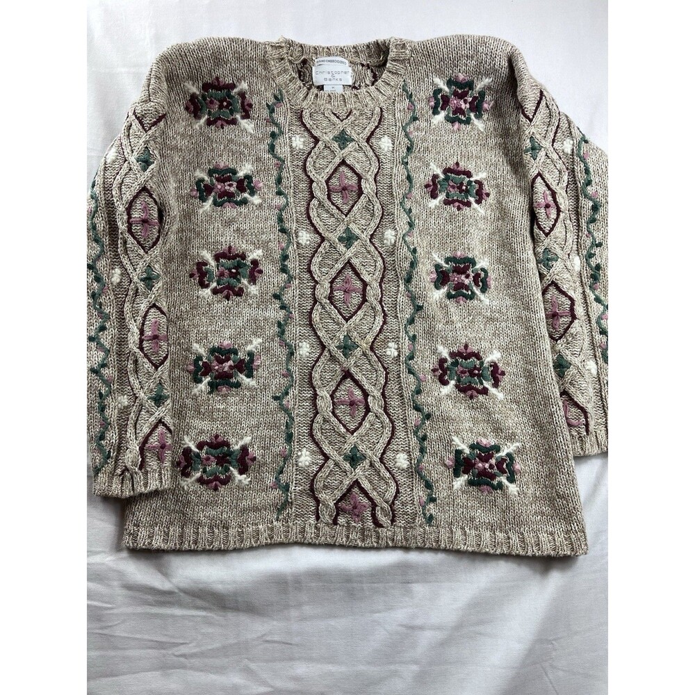 Hand Embroidered Cable Knit Cottagecore Sweater Wms M 90s Y2K Grannycore Floral